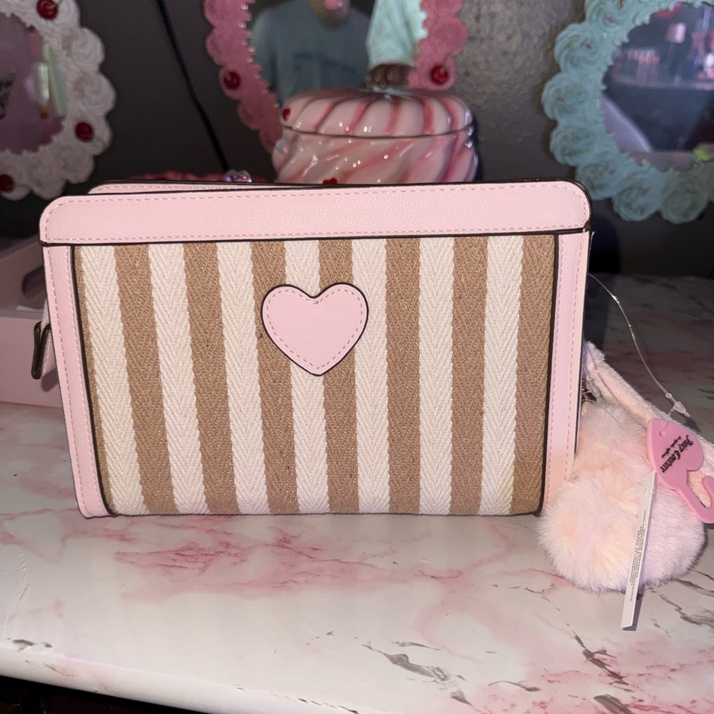 Juicy Couture Pink & Tan Striped Makeup Bag with Faux Fur Charm - Picture 6 of 7